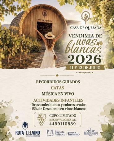Celebración de la Vendimia 2026 en Casa Quesada con asistentes vestidos de blanco y actividades de cata en Aguascalientes