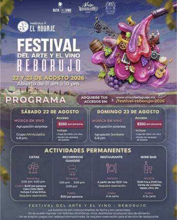 Vendimia 2026 en Vinícola El Aguaje en Aguascalientes con música en vivo, sabores locales y experiencias de fin de semana. Festival Reborujo 2026