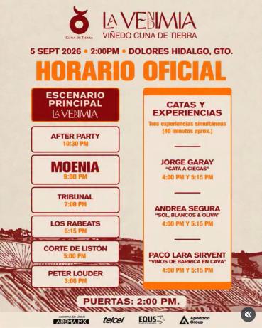 Vendimia Orígenes 2026 en Cuna de Tierra con vino, gastronomía y concierto de Moenia en Dolores Hidalgo