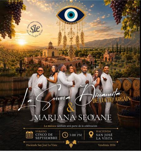 Vendimia 2026 en Viñedos San José Lavista con La Sonora Dinamita y Mariana Seoane en Guanajuato