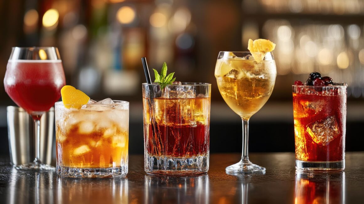 Selección de bebidas espirituosas y cocteles servidos en una barra