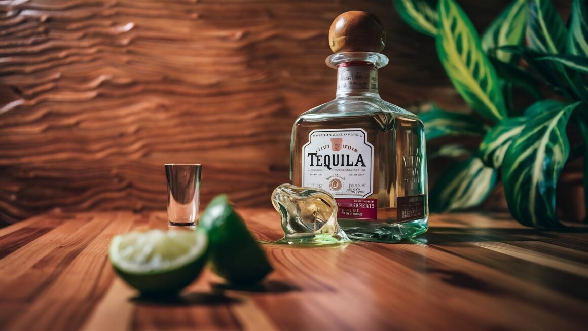 Botella con la palabra "tequila" en la etiqueta, acompañada de un vaso pequeño y un limón.