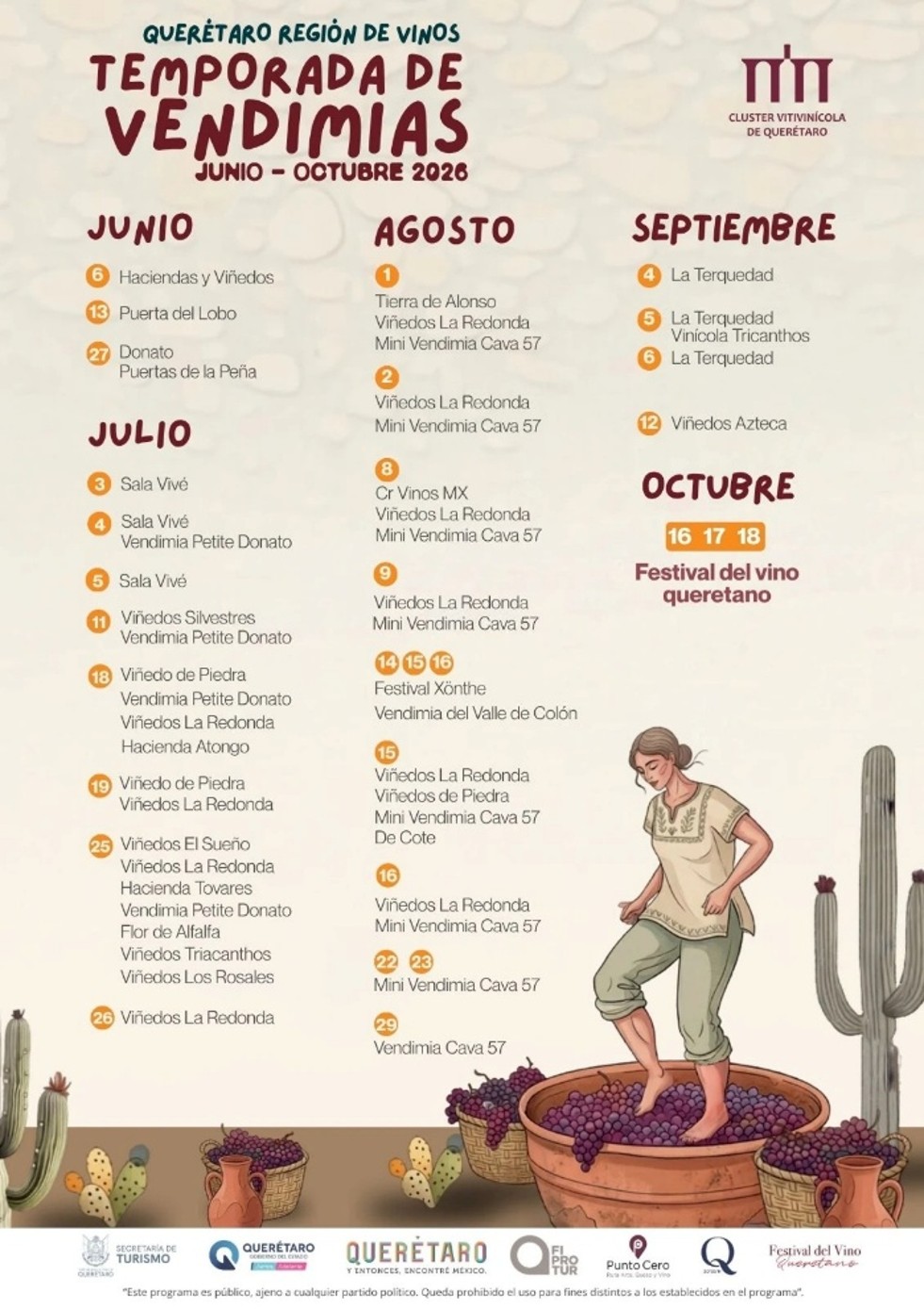 Cartel del Clúster Vitivinícola de Querétaro con el calendario de vendimias de junio a octubre de 2026.