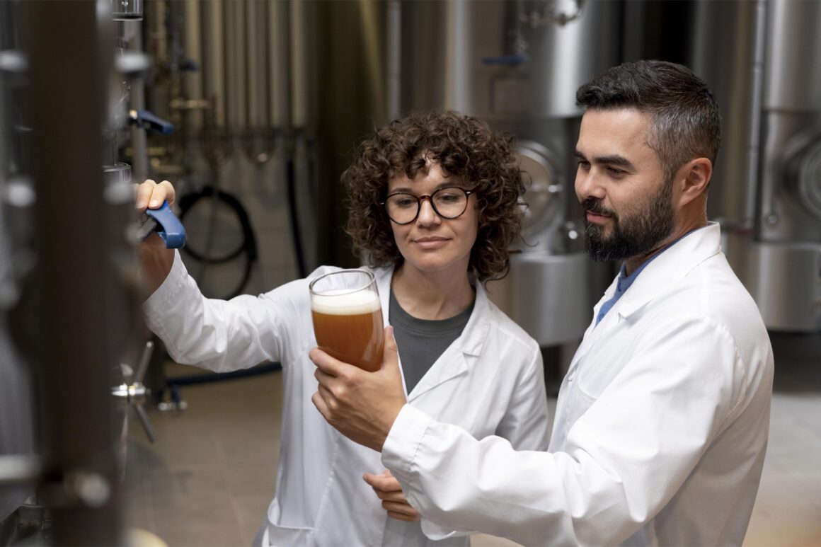 Una mano sostiene un vaso inclinado mientras lo llena con cerveza clara del grifo. 