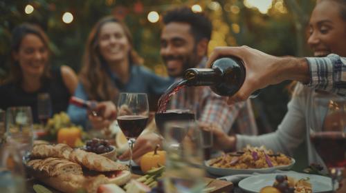 Persona sirve vino tinto durante una comida al aire libre con amigos