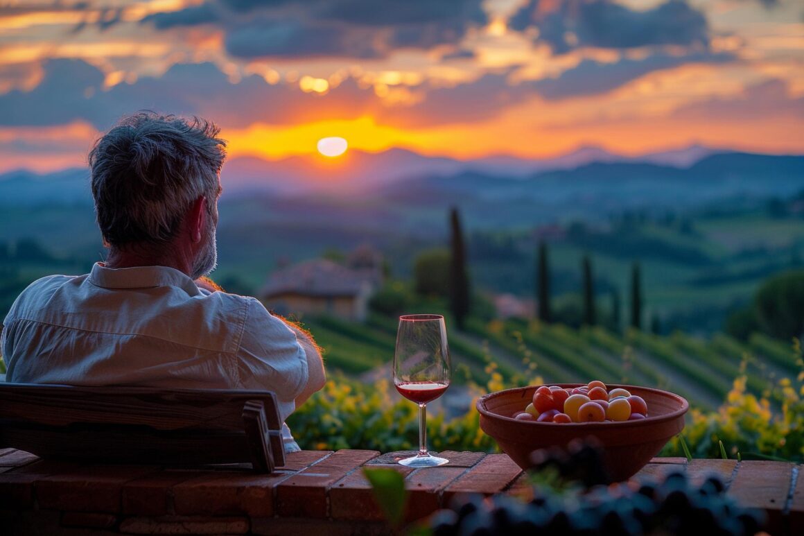 Persona sentada frente a un paisaje al atardecer, con una copa de vino tinto sobre la mesa.