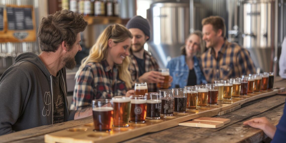 Fila de vasos de cerveza de colores claros, ámbar y oscuros sobre la barra de una cervecería. 