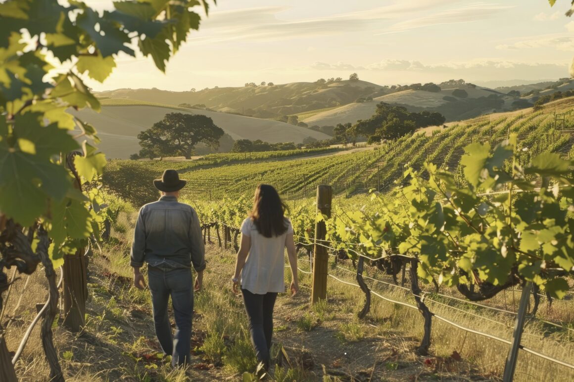 Pareja caminando entre viñedos al atardecer durante una experiencia de enoturismo.