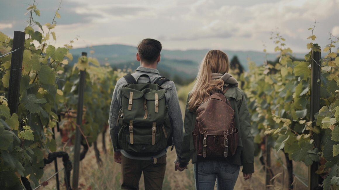 Pareja con mochilas camina de la mano entre hileras de vides.