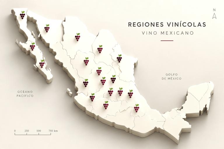 Mapa de México con marcadores de sus regiones vinícolas