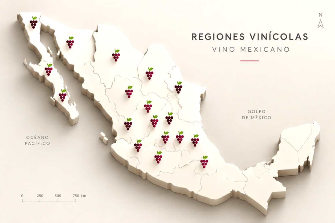 Mapa de las regiones vinícolas de México y estados productores de vino mexicano