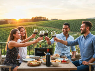 Cuatro personas brindan con copas de vino junto a una mesa frente a un viñedo.