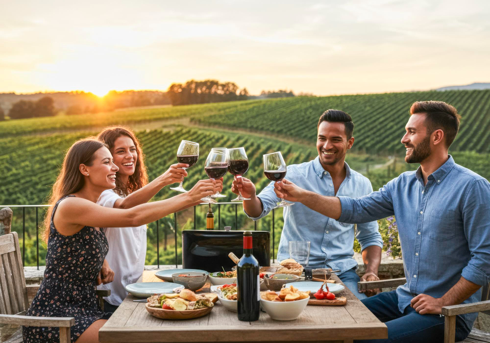 Brindis durante una visita a un viñedo Cuatro personas brindan con copas de vino junto a una mesa frente a un viñedo.