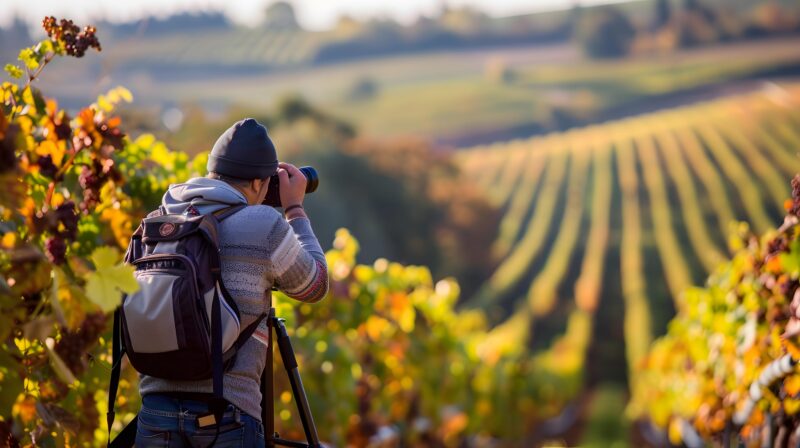 Fotógrafo contempla un viñedo durante una experiencia de enoturismo