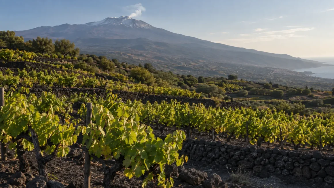 : Ilustración de viñedos en terrazas de piedra volcánica con el Monte Etna al fondo. 